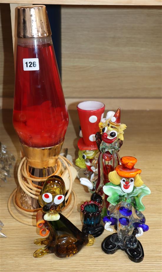 A vintage lava lamp and six Murano glass clowns lamp height 43cm